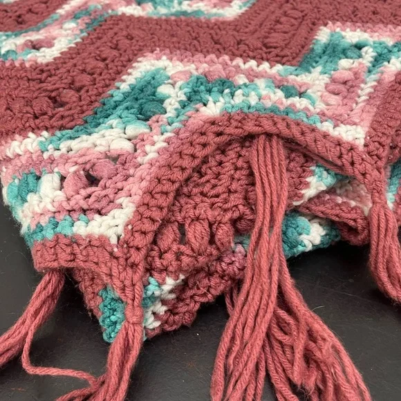 Handmade Chevron Crochet Blanket throw with Fringe 64x40”
